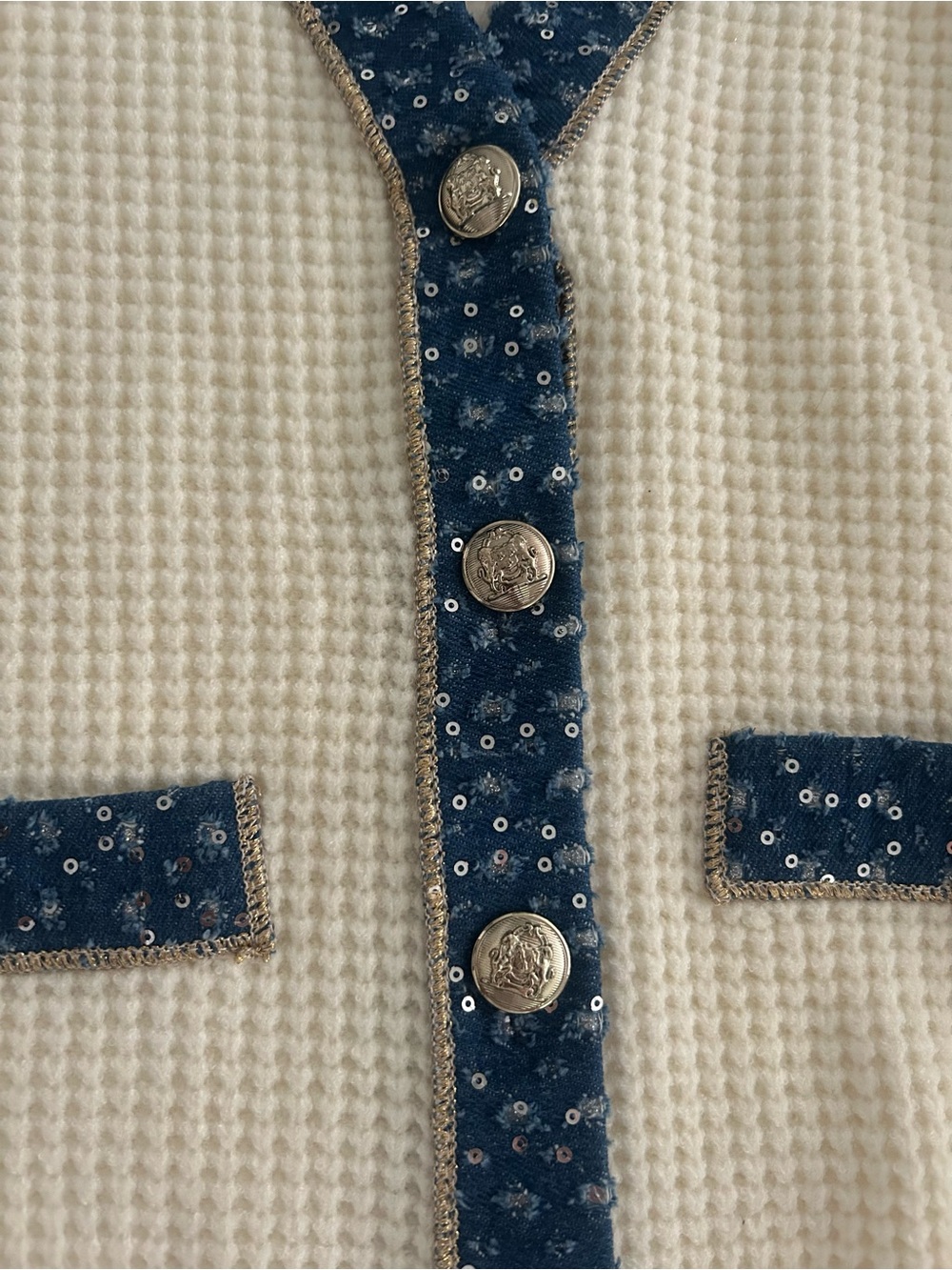 Nanette by Nanette Laporte Cream Waffle Knit Cardigan with Blue Sequin Trim - Picture 4 of 6